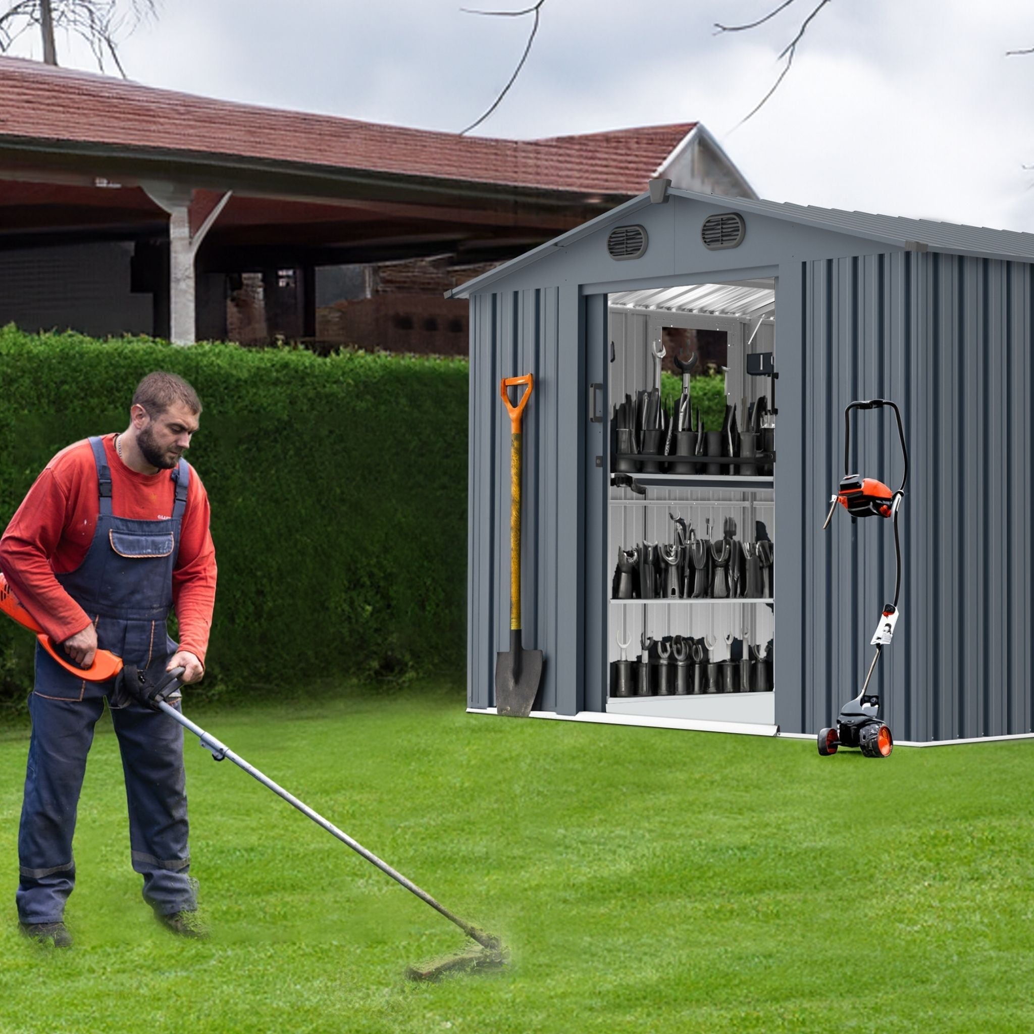 [08X10FT] Large Outdoor Metal Backyard Garden Storage Tool Shed With Window And Lockable Doors (SAK68140) - We The Collective