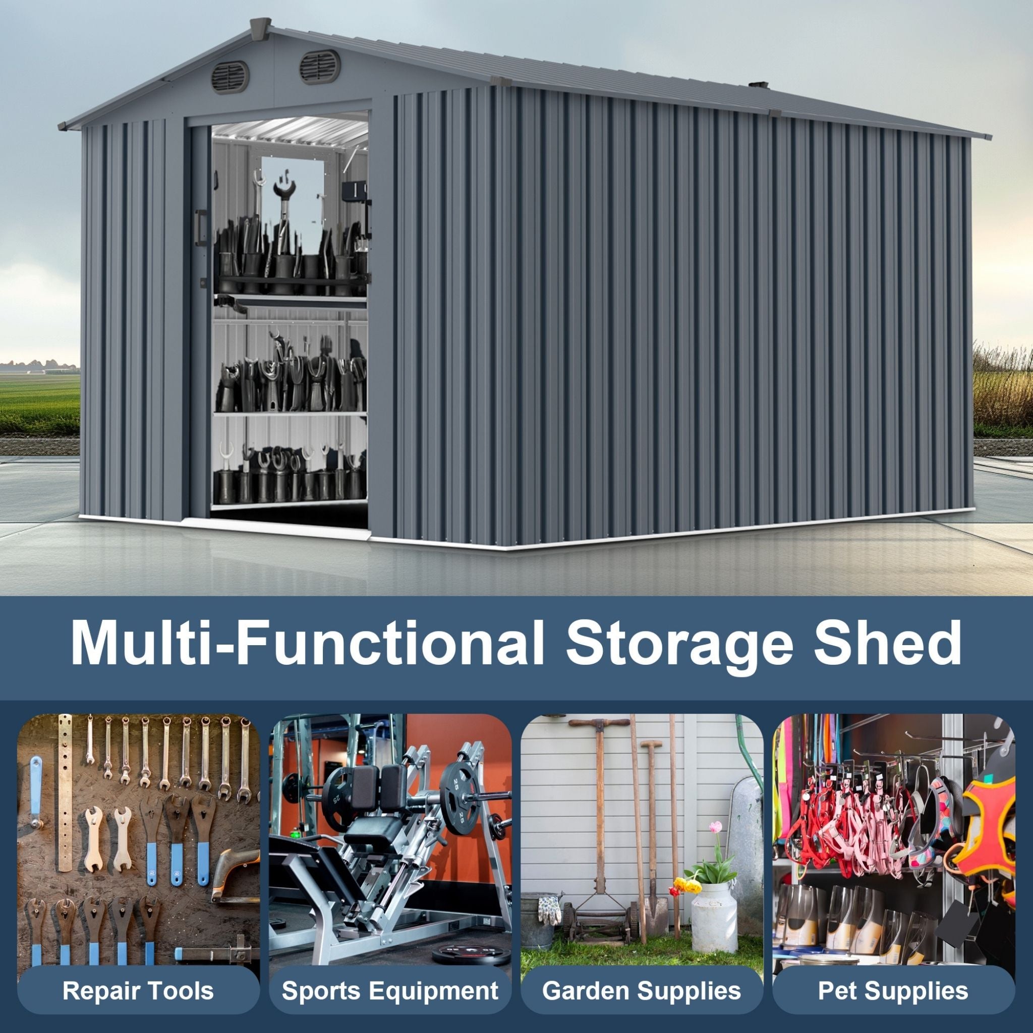 [08X10FT] Large Outdoor Metal Backyard Garden Storage Tool Shed With Window And Lockable Doors (SAK68140) - We The Collective