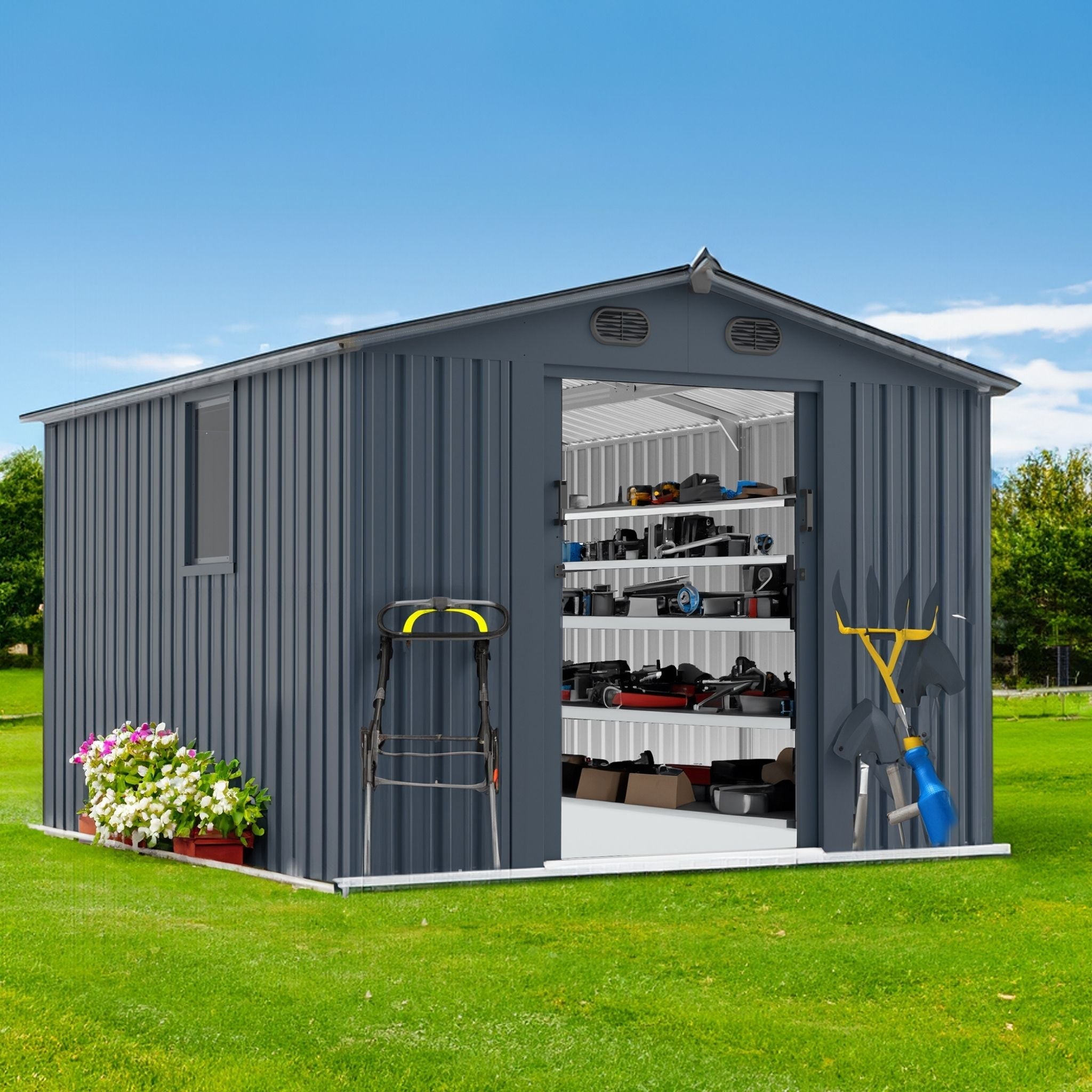 [08X10FT] Large Outdoor Metal Backyard Garden Storage Tool Shed With Window And Lockable Doors (SAK68140) - We The Collective