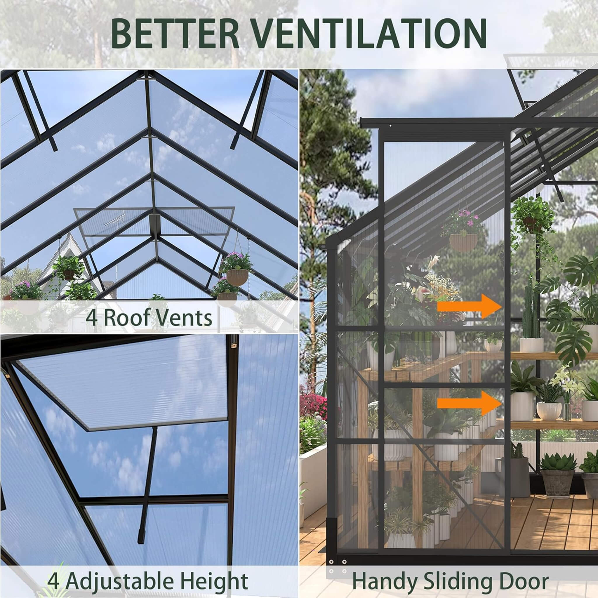 08x14ft outdoor polycarbonate greenhouse with roof vents and sliding doors, 4mm thick panels, designed for garden plant cultivation.