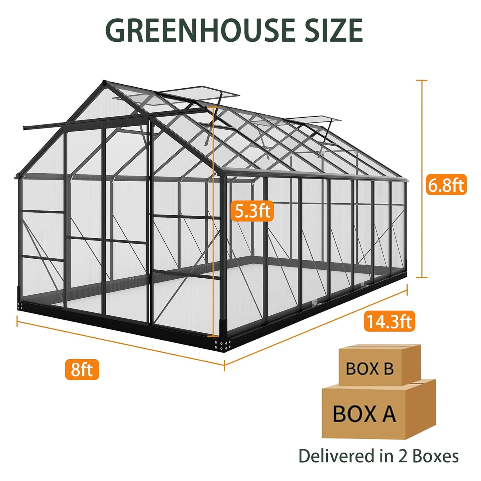 08x14ft outdoor polycarbonate greenhouse by SAKSBY WHOLESALE with roof vents and sliding doors, 4mm thick panels.