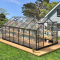 Outdoor 8x14ft SAKSBY greenhouse with polycarbonate panels, roof vents, sliding doors, and a sturdy frame in a garden setting.