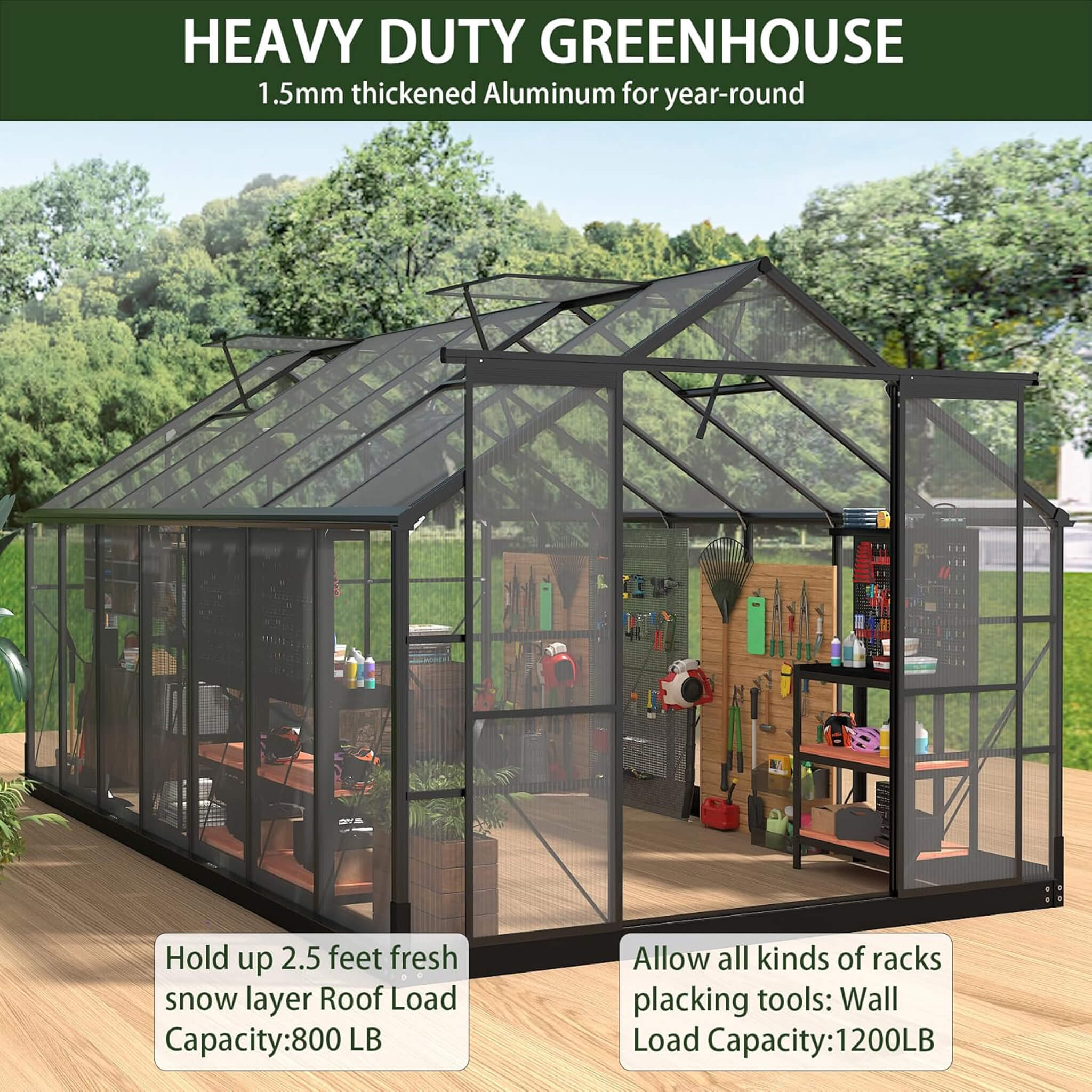 Outdoor 8x14ft polycarbonate greenhouse with roof vents and sliding doors, durable 4mm panels for plant growth and protection.