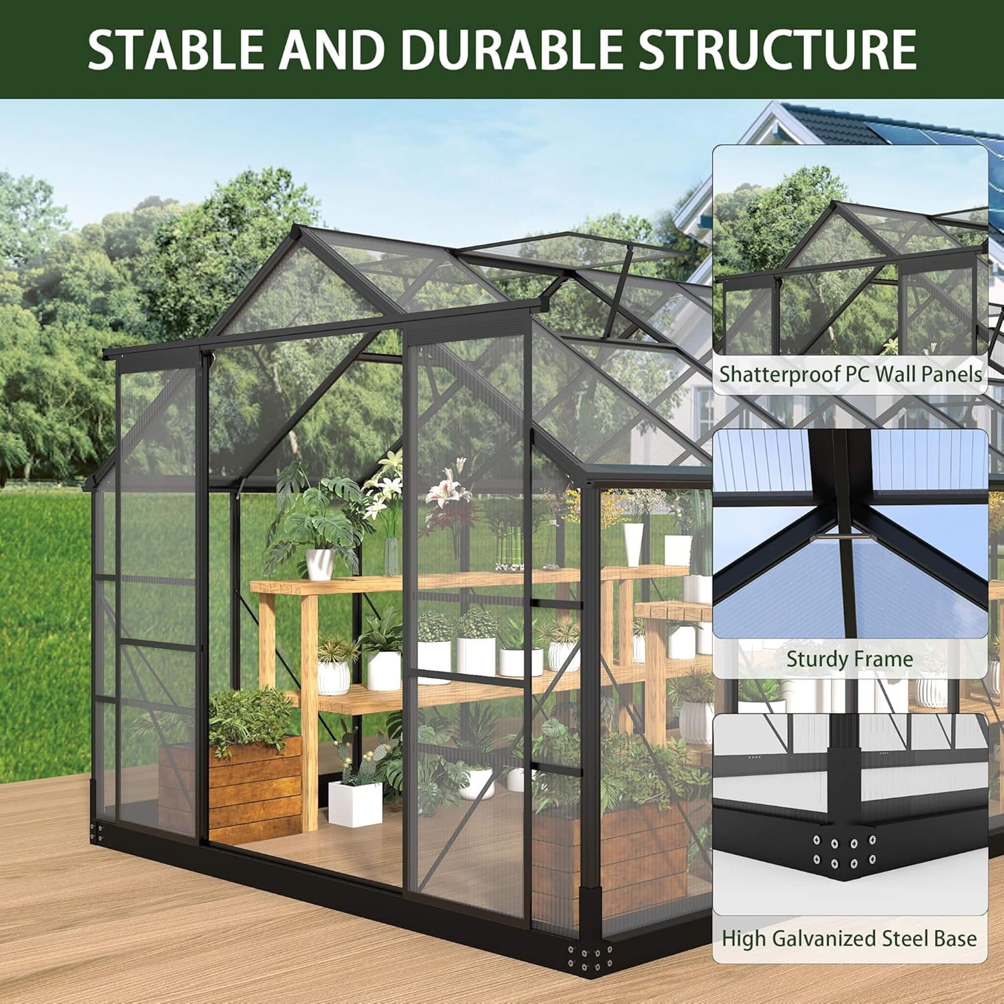 08x14ft outdoor polycarbonate greenhouse with roof vents and sliding doors, durable 4mm structure for gardening and plant protection