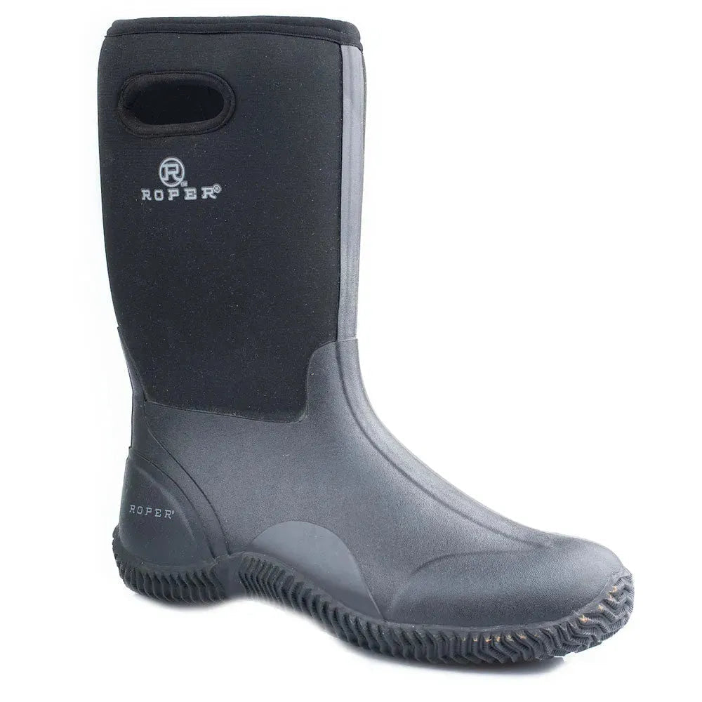 Black Roper Barnyard men's work rain boots by HatCountry, showcasing sturdy waterproof footwear with rugged design.