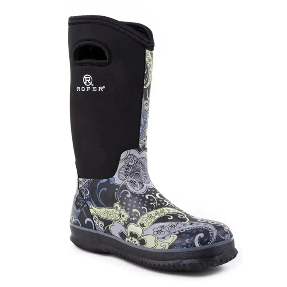 Purple Roper Barnyard Paisley women's rain boot by HatCountry with floral paisley pattern and waterproof design.