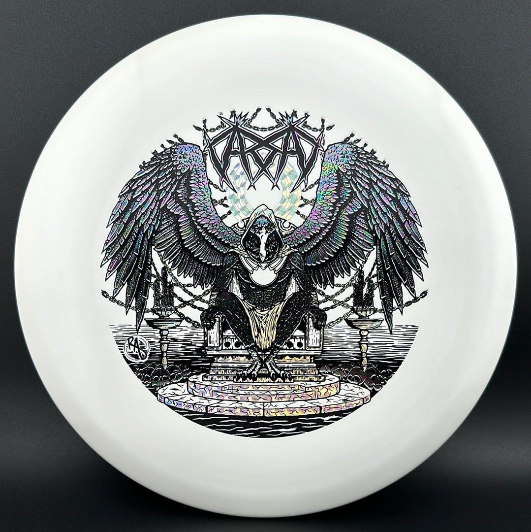 ESP Glo Buzzz Karudi the Overseer disc golf disc by Rare Air Discs from Ripper Studios, featuring a vivid glow finish and detailed artwork.