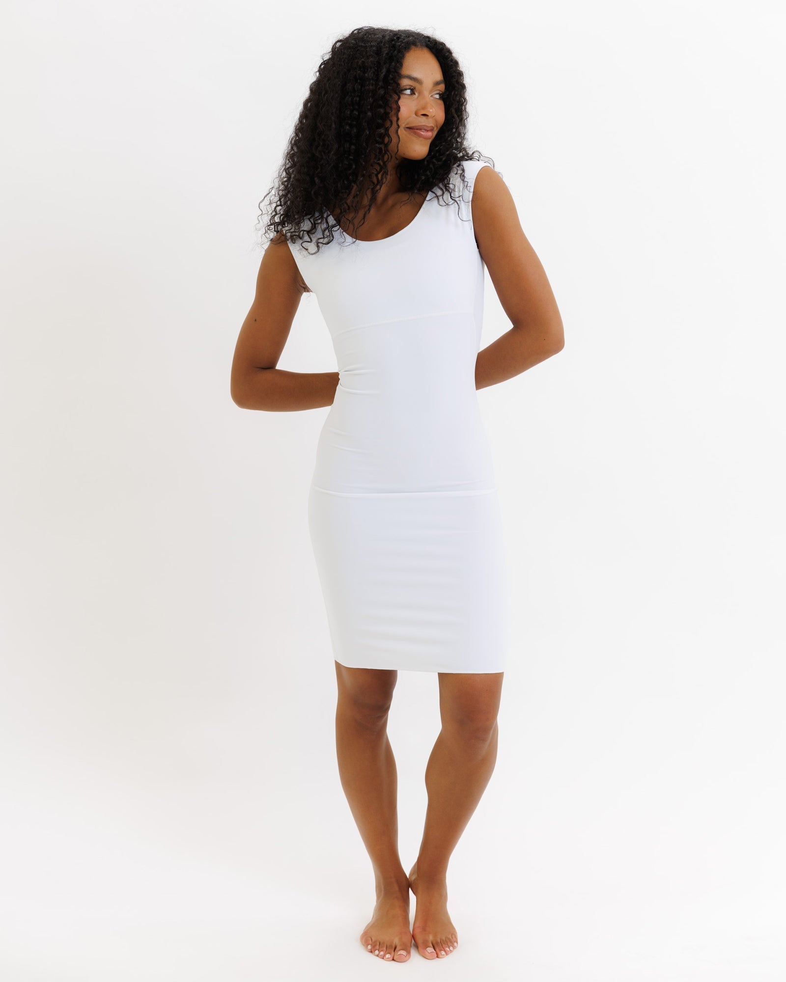 Downeast Contour Slip in new color, essentials slip dress with fitted silhouette and soft fabric, shown on a model.