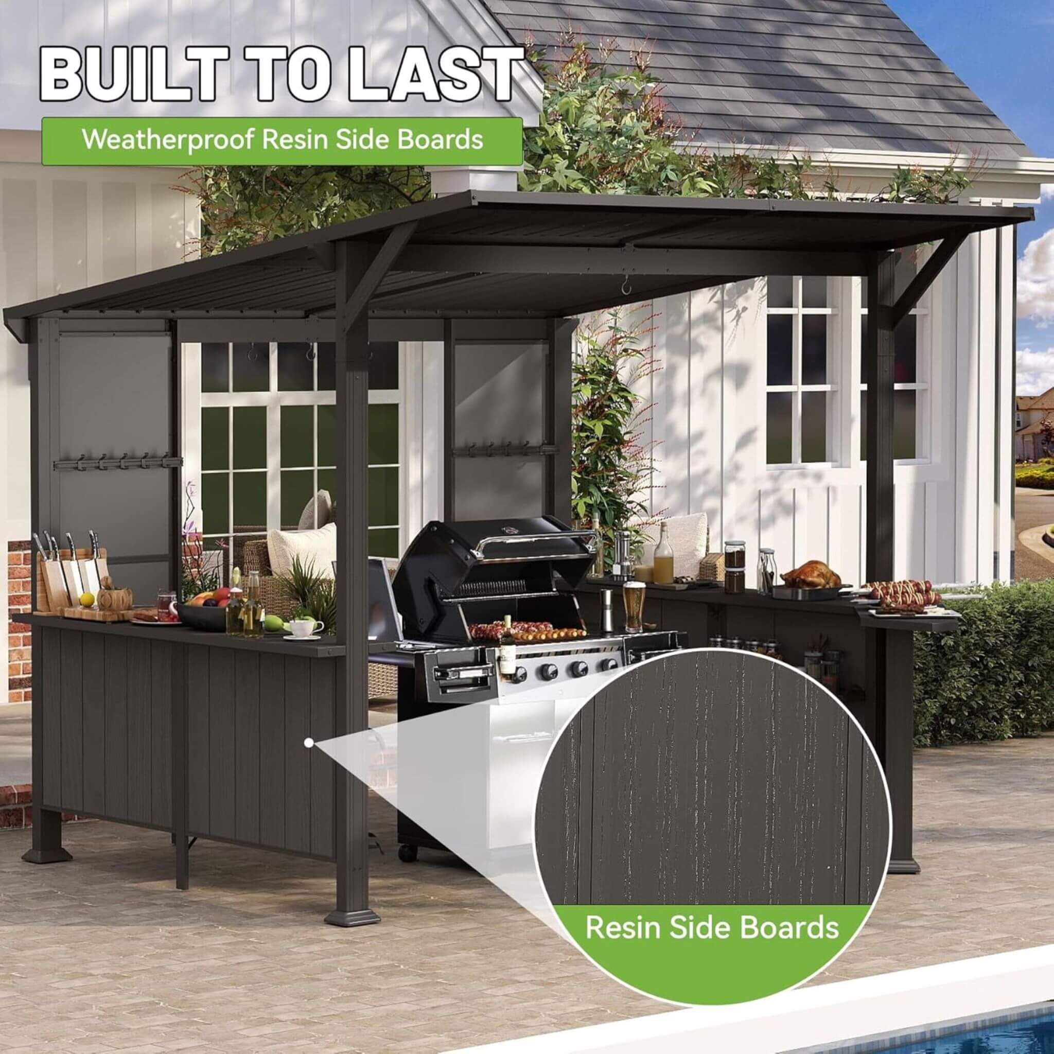 09x10ft Alora premium outdoor hardtop grill gazebo with shelves, showcasing sturdy construction and spacious design.