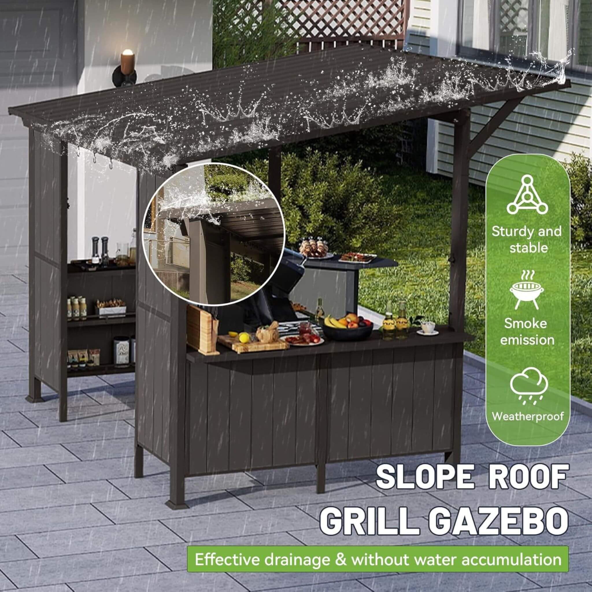 09x10ft Alora premium outdoor hardtop grill gazebo with shelves, showcasing sturdy design and ample cooking space.