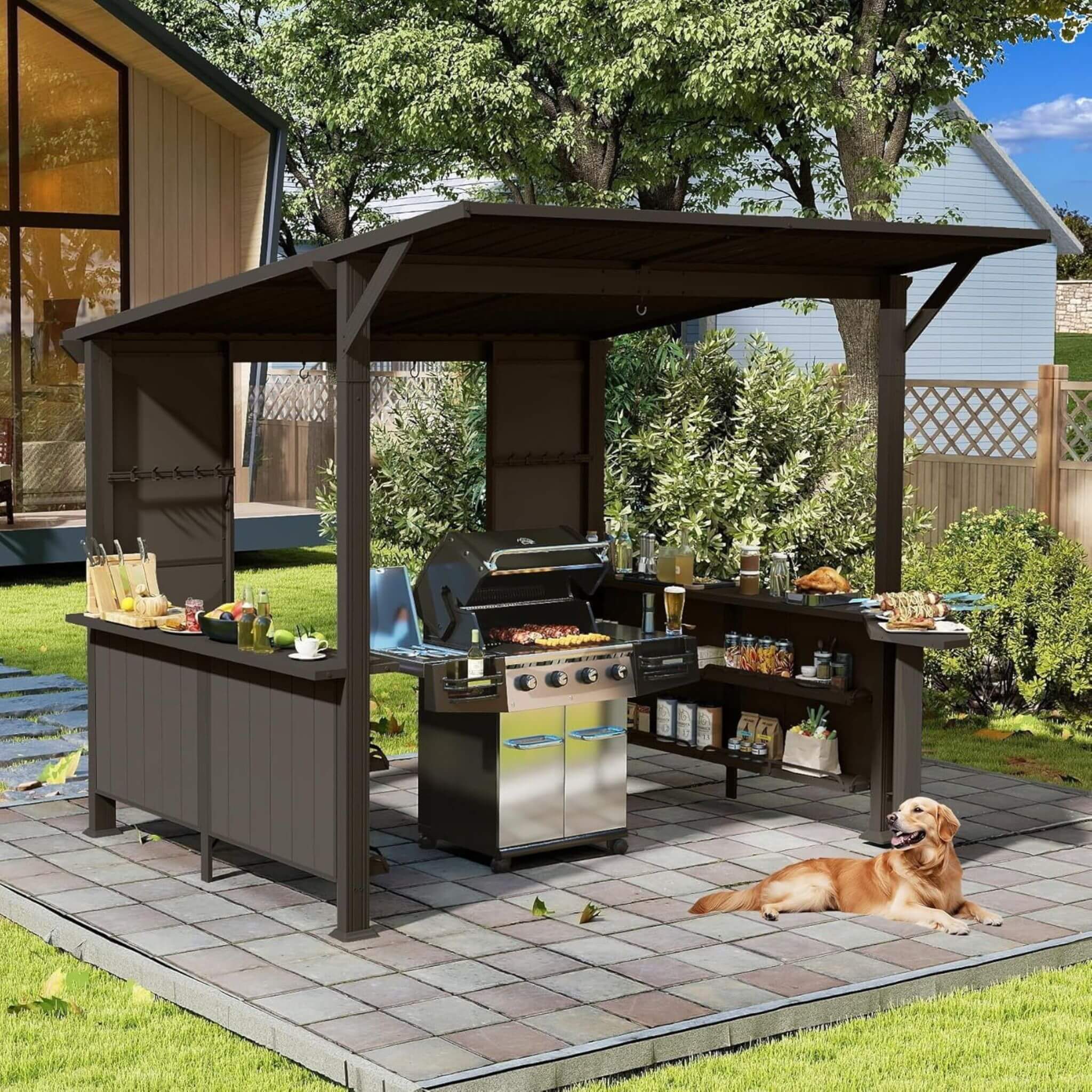 09x10ft Alora premium outdoor hardtop grill gazebo with shelves, set in a backyard setting, showcasing its sturdy design.
