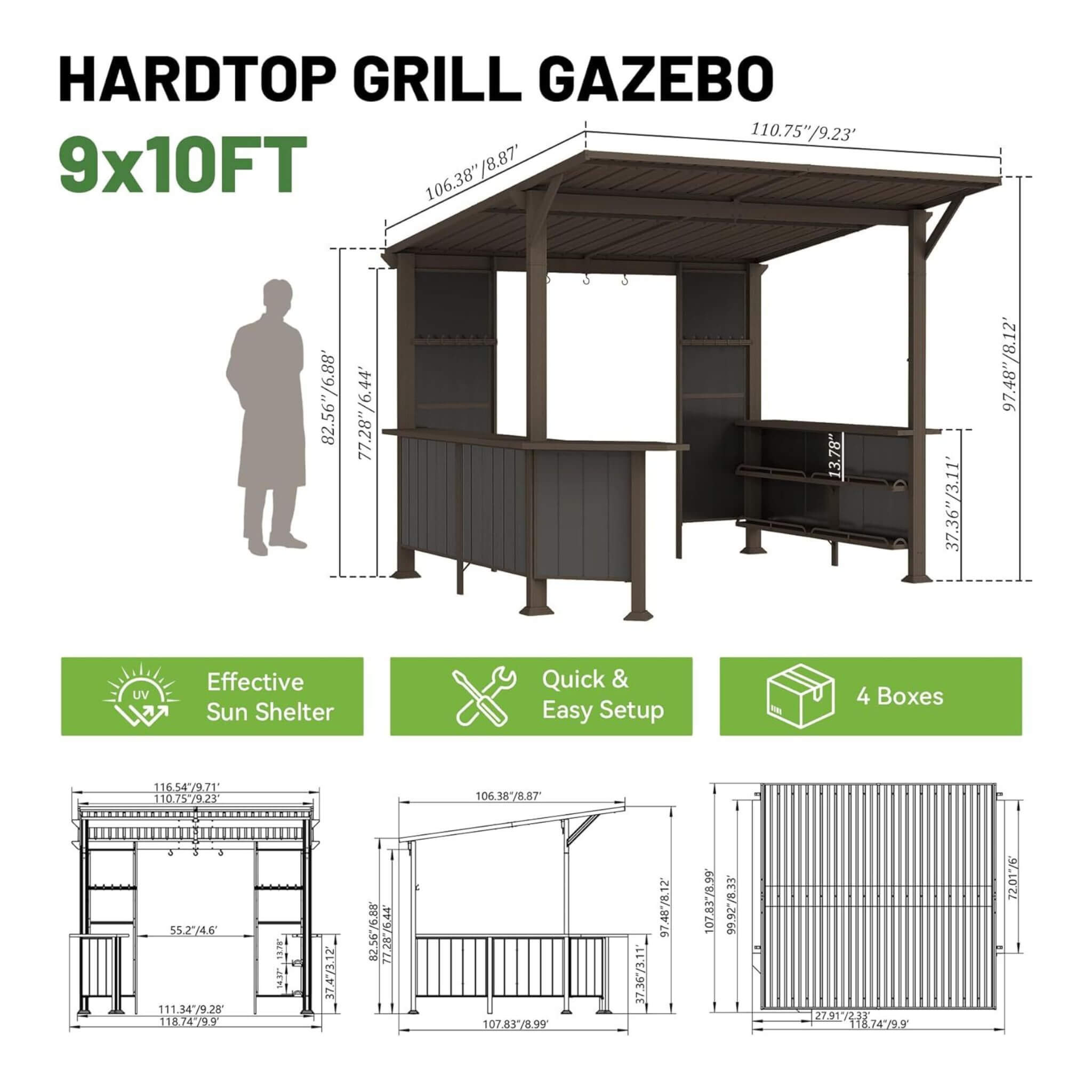09x10ft Alora premium outdoor hardtop grill gazebo with shelves, featuring sturdy design and ample cooking space.