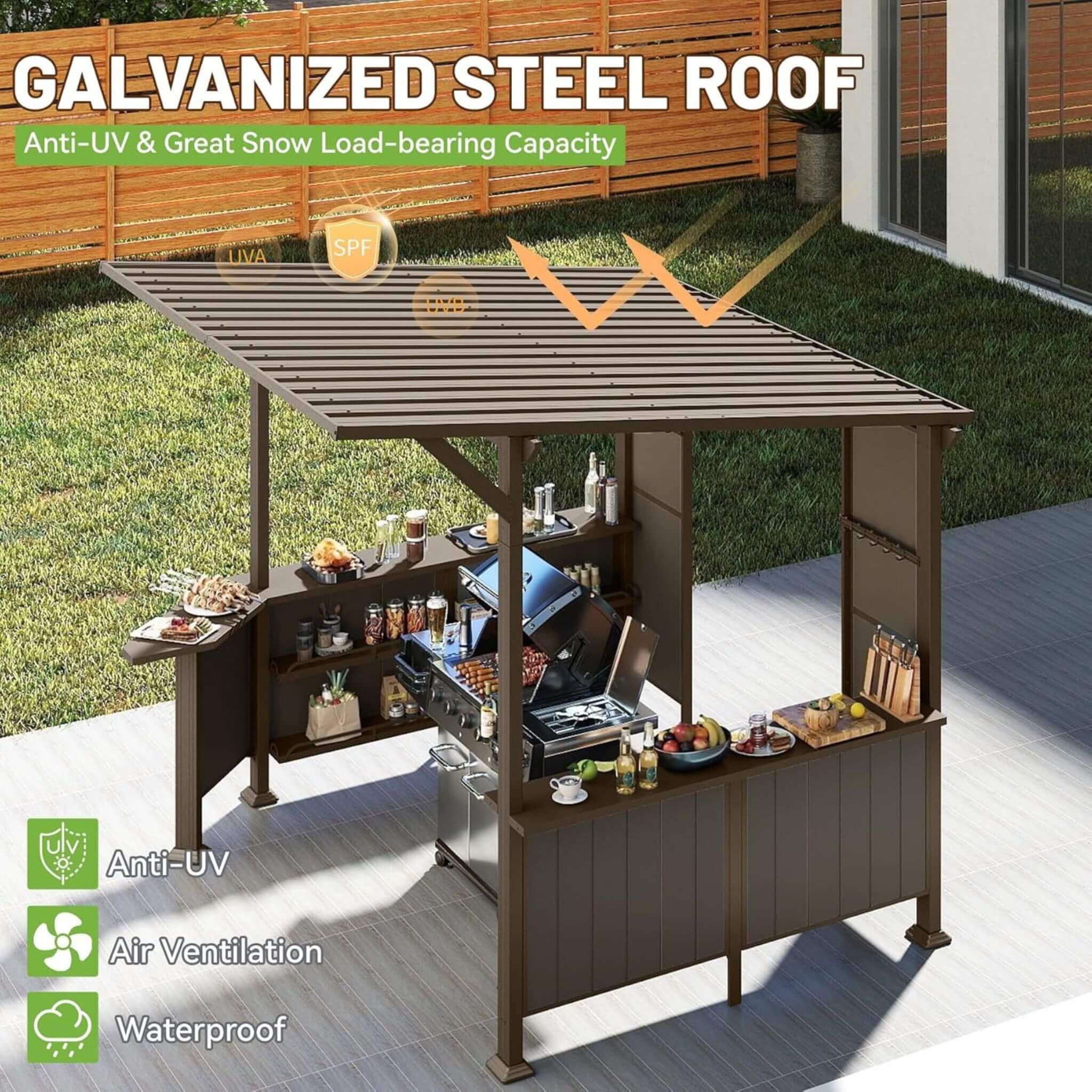 09x10ft Alora hardtop grill gazebo with shelves, featuring a sturdy roof and spacious design for outdoor cooking.