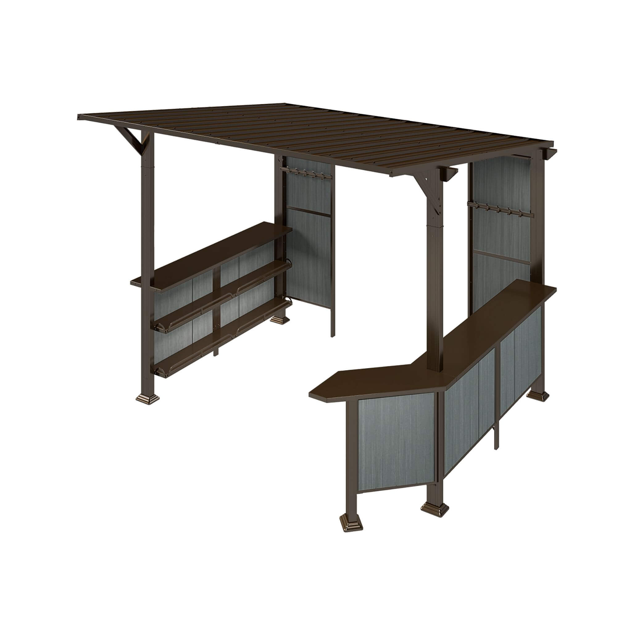 Top side view of the 09x10ft Alora Premium Outdoor Hardtop Grill Gazebo with shelves from SAKSBY WHOLESALE.