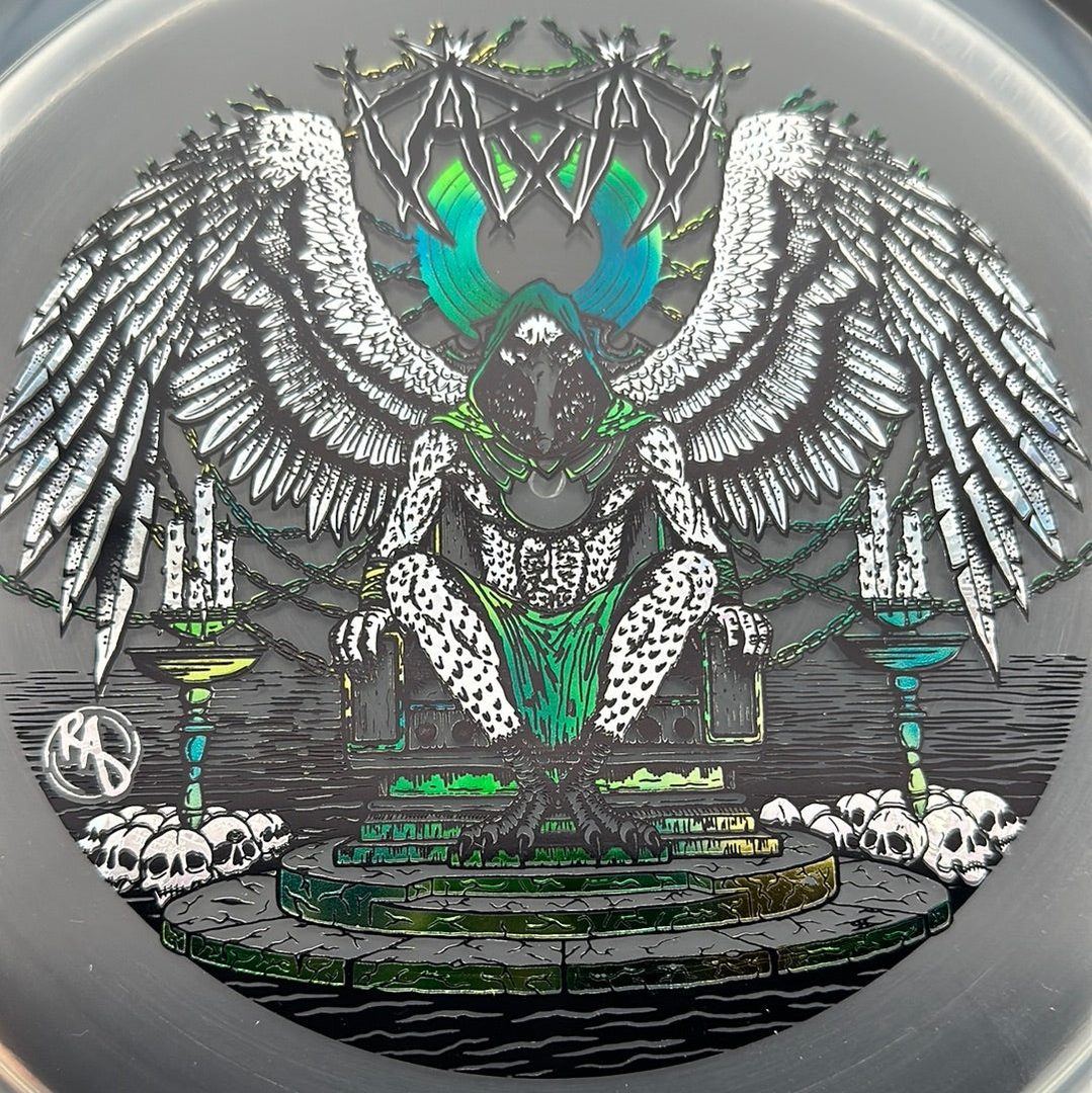 CryZtal Buzzz Karudi the Overseer disc golf disc by Rare Air Discs, featuring vibrant artwork and a durable plastic surface.