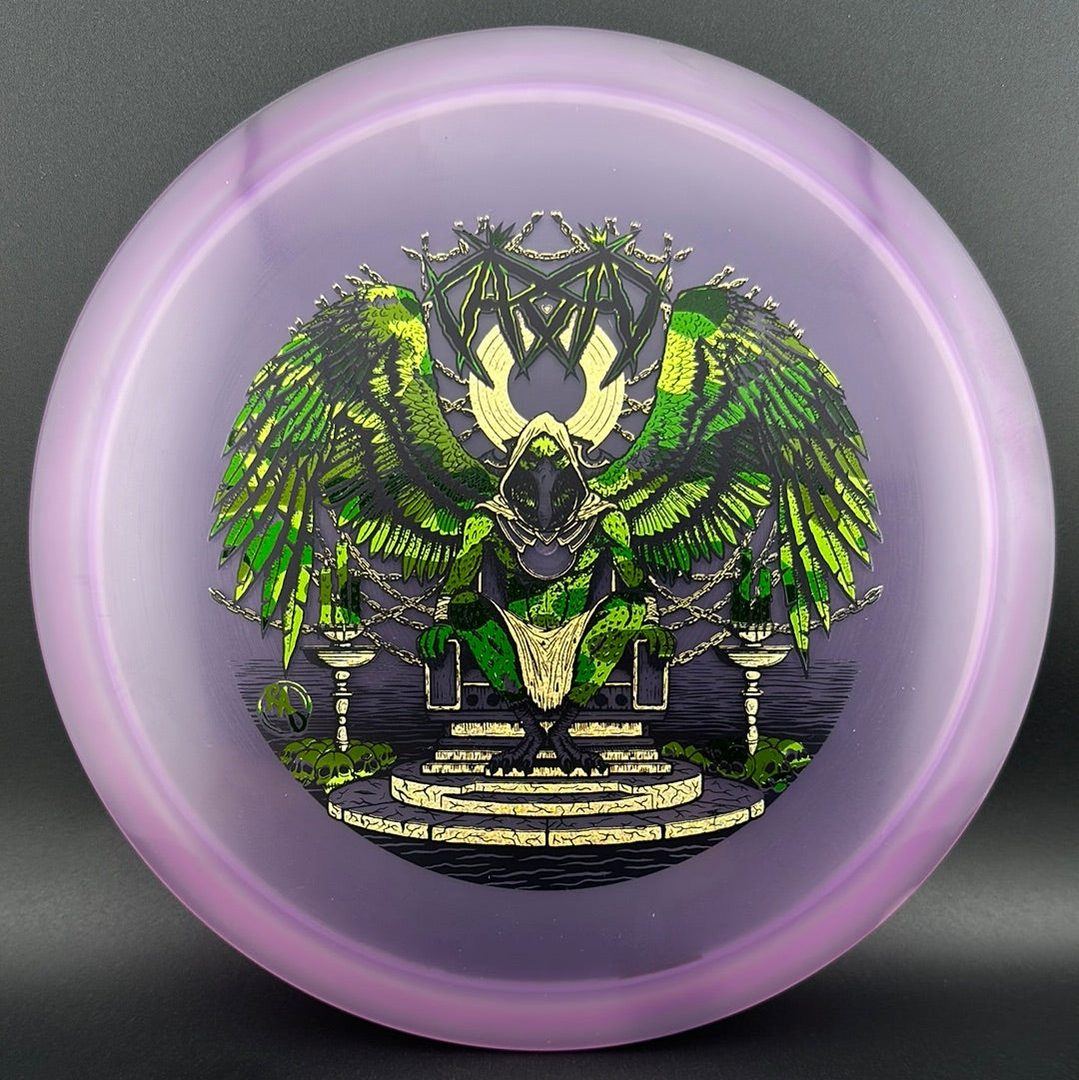 CryZtal Buzzz disc golf disc by Ripper Studios, featuring Karudi the Overseer artwork on a clear CryZtal plastic disc.