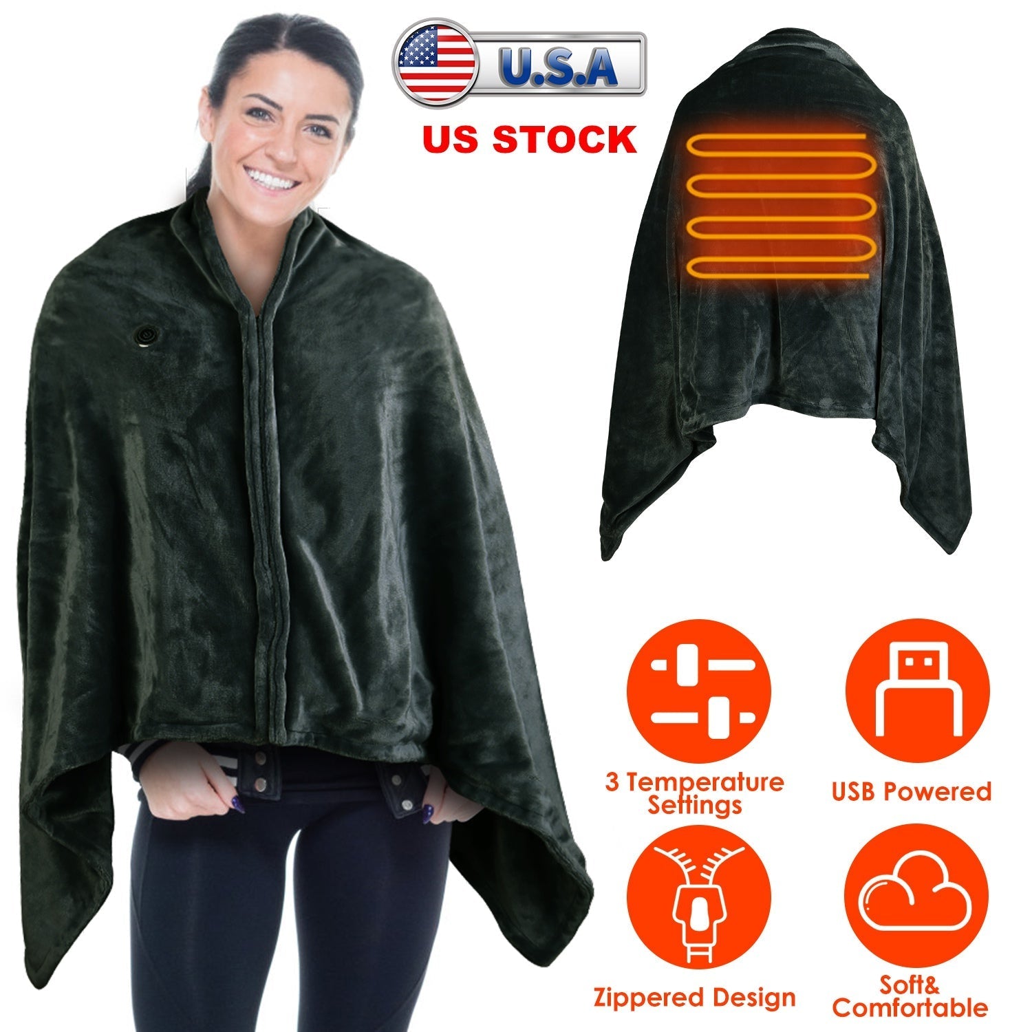 USB Heated Blanket Electric Heated Blanket Heated Poncho Shawl Wrap Throw with Zipper Washable for Home Office 59*31in - OVERLANDERS Outfitter