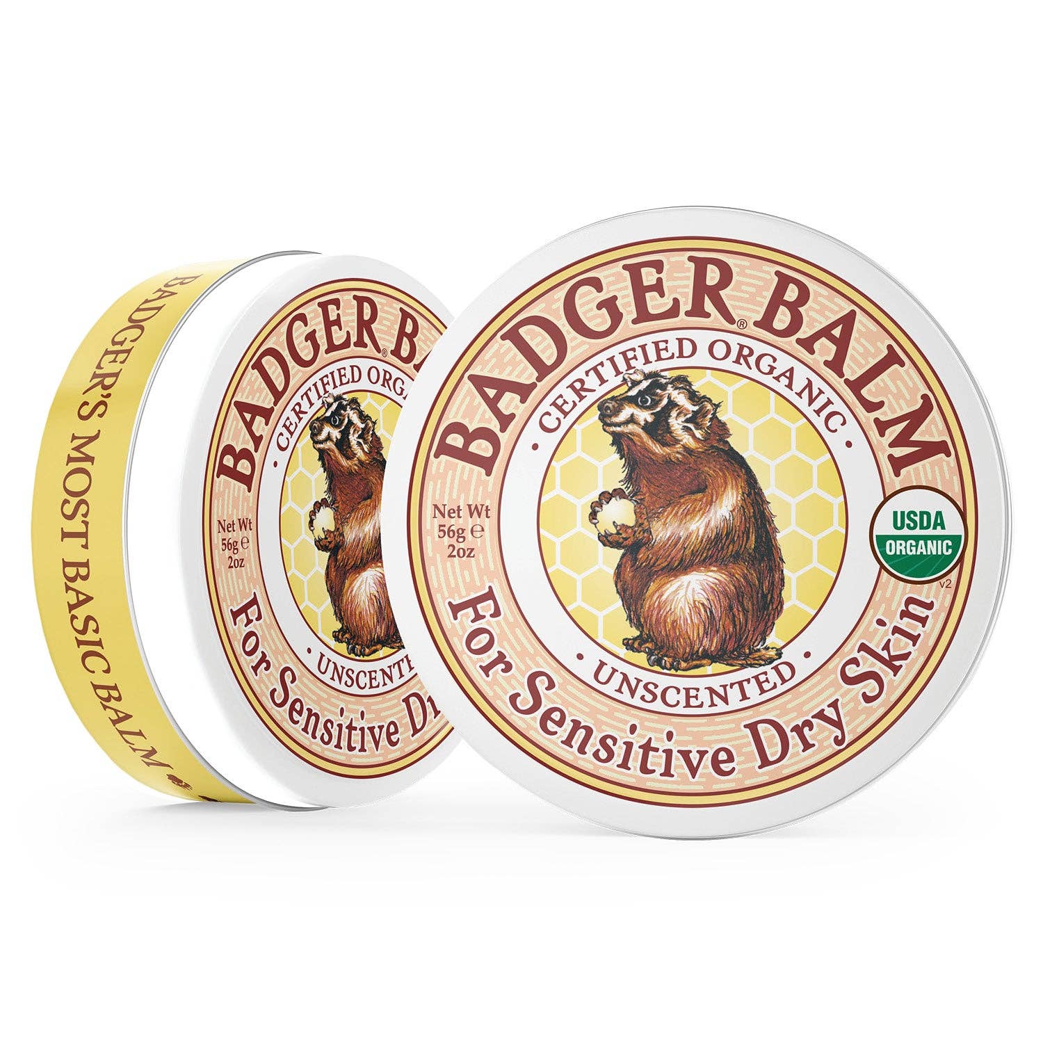 Slowly Badger Balm Unscented jar with black lid, natural skincare balm in a small container, featuring a simple label and creamy texture.
