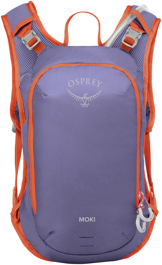 Osprey Moki 3 hydration pack in euphoria purple with adjustable straps and hydration bladder, perfect for outdoor adventures.