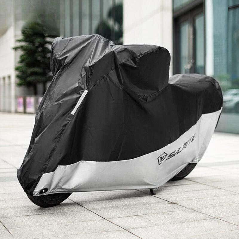 Bean's Moto Booth SULAITE™ Oxford fabric waterproof motorcycle cover with reflective accents, designed to protect bikes outdoors.