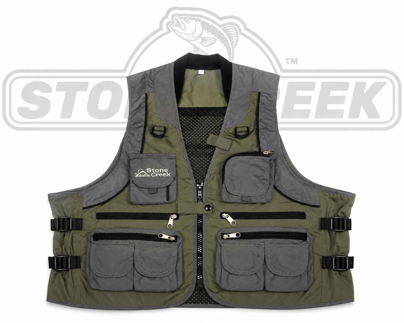 Stone Creek Outfitters deluxe fishing vest with multiple pockets, adjustable straps, and lightweight design for outdoor anglers.