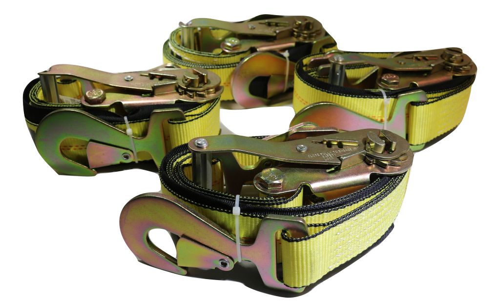 Yellow 2" x 8 ft axle wrap ratchet straps with snap hooks for towing, shown in a four-pack from RatchetStrap.com.