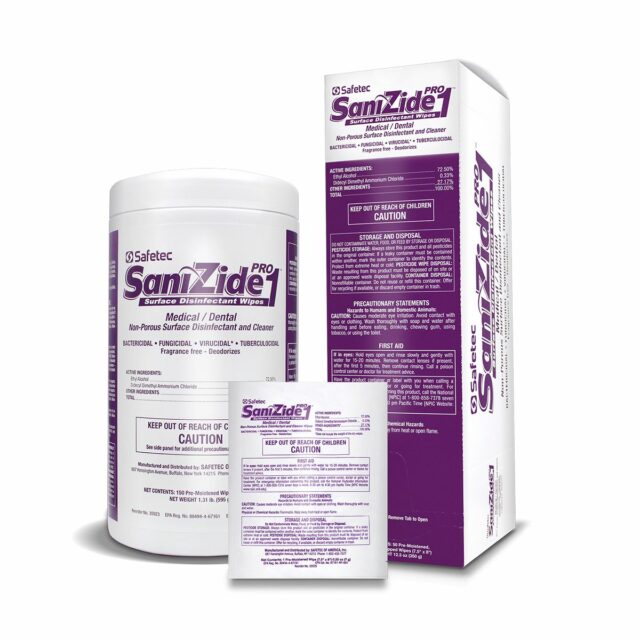 Alpenglow SaniZide Pro 1® surface disinfectant wipes in a group, ideal for first aid supplies and sanitation.