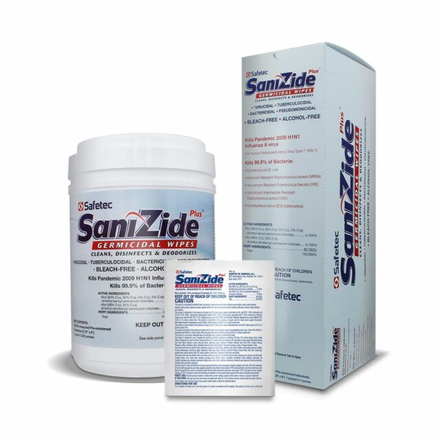Alpenglow SaniZide Plus® surface disinfectant wipes in a group, ideal for first aid and surface cleaning.