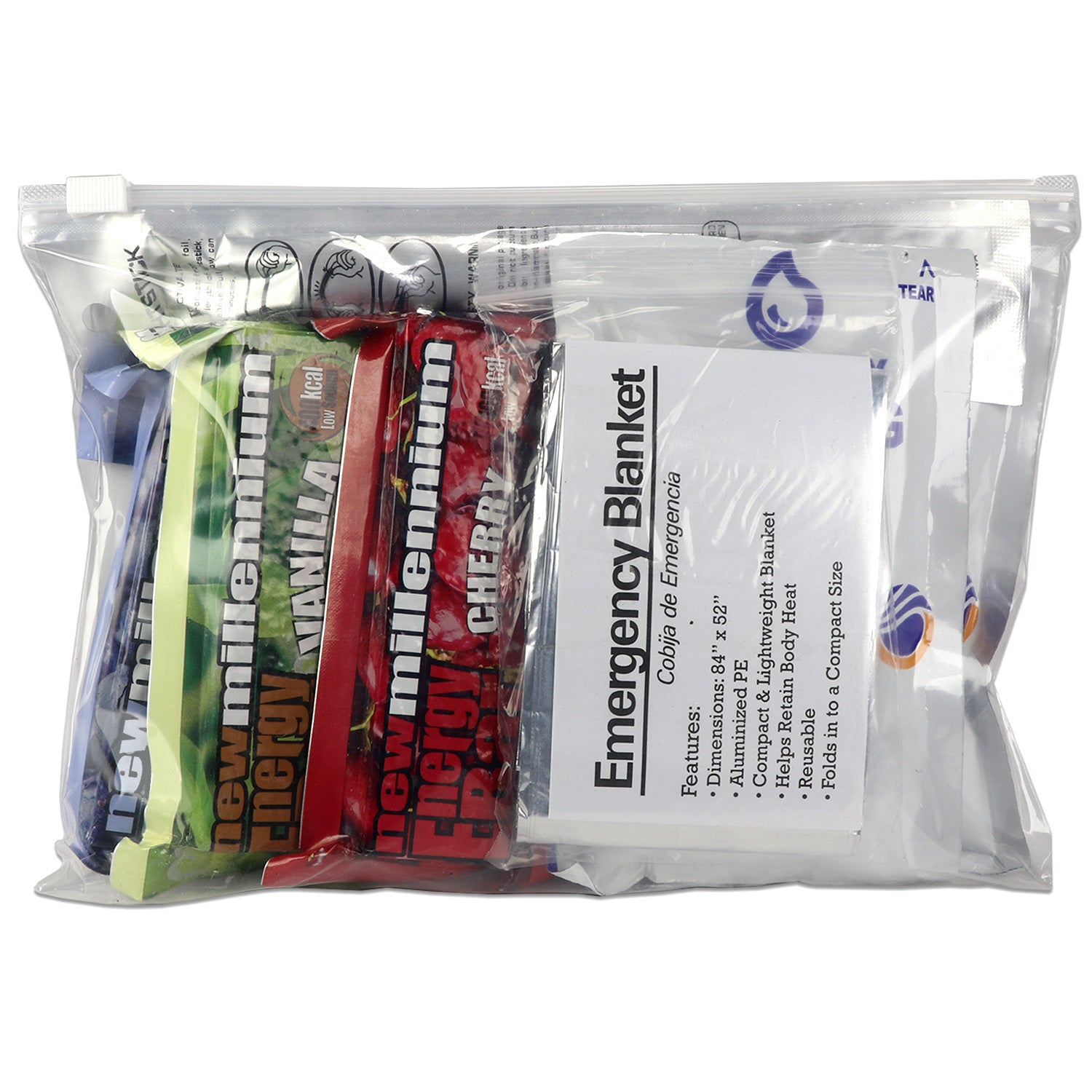 Portable emergency survival kit by Quake Kits in resealable bag with food, water, and supplies for one person.