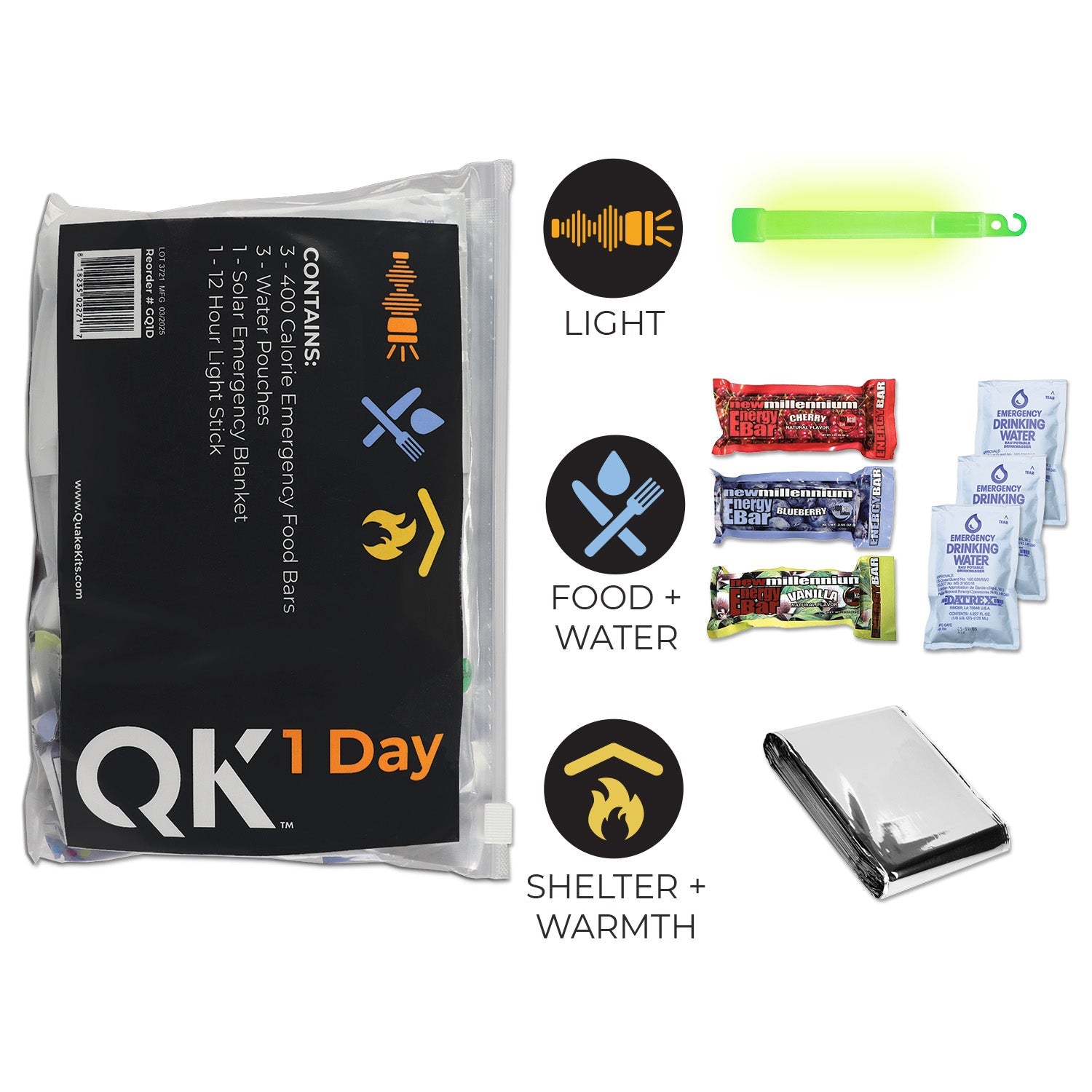 Emergency kit in resealable bag with essential supplies for one person, designed for quick grab and bug-out scenarios.