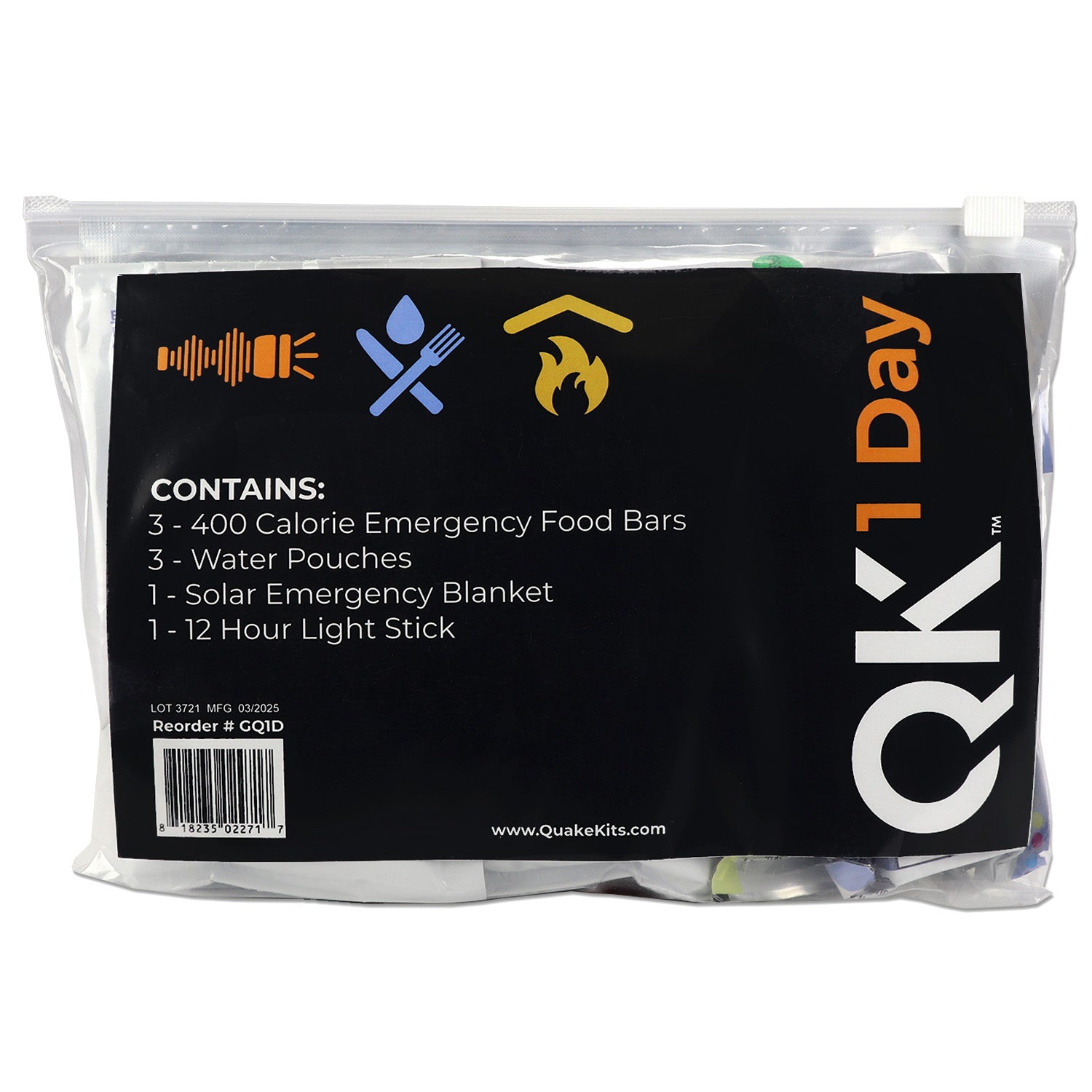 Emergency survival kit in a resealable bag for one person by Quake Kits, ideal for bugging out and natural disasters.