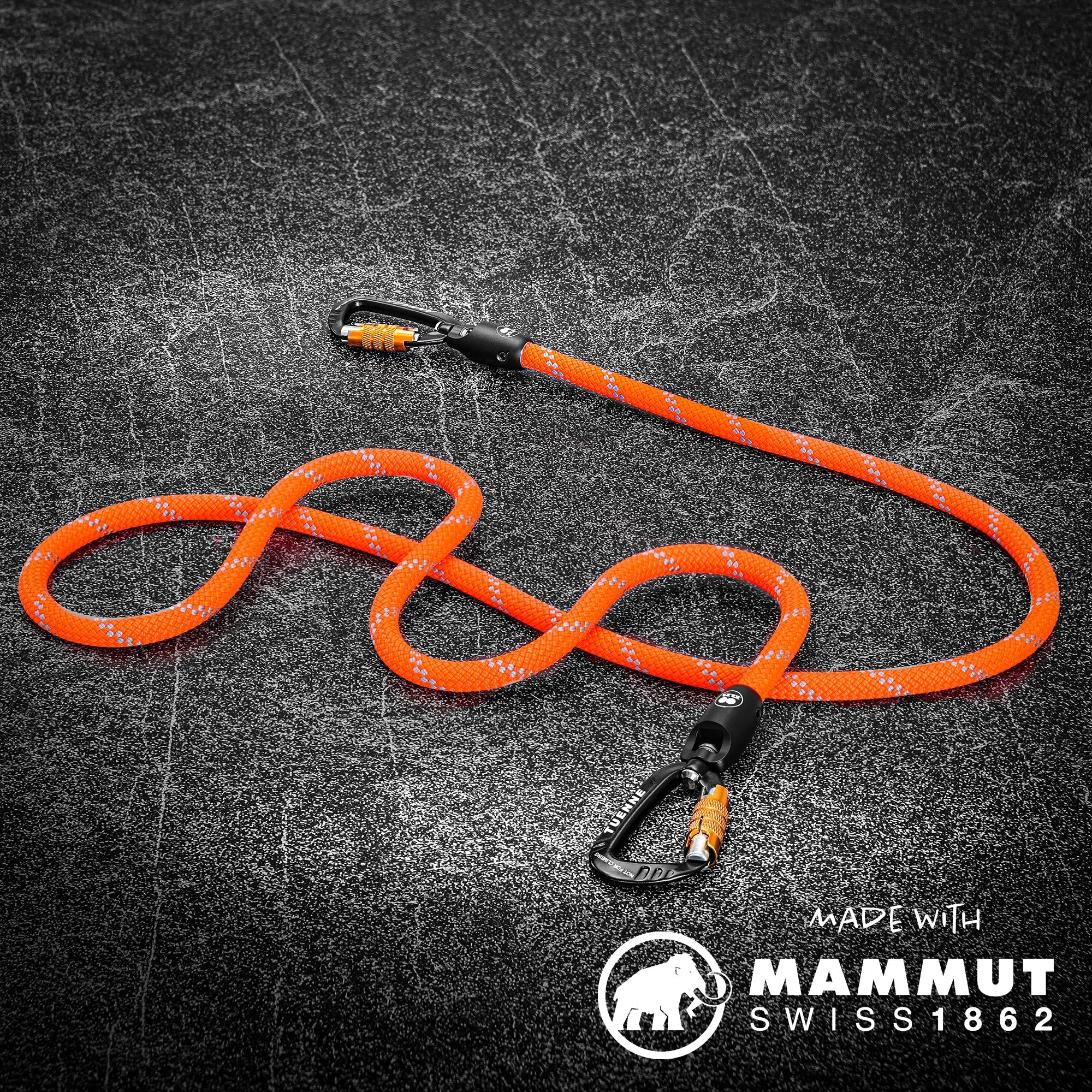 Orange Tuenne Long Double Ended Go Anywhere dog leash with carabiner, designed for versatile outdoor use and secure attachment.