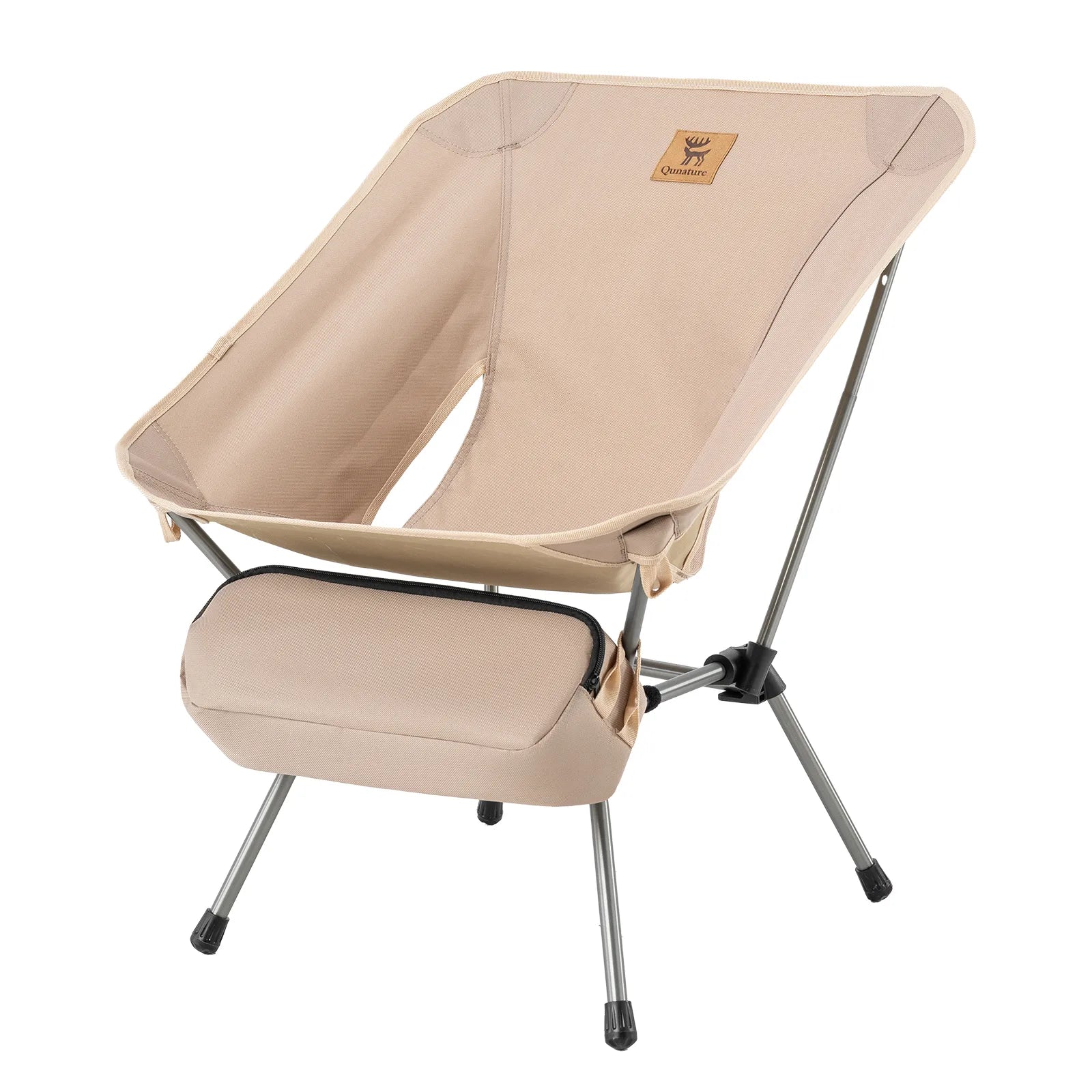 Qunature Global 260lbs folding aluminum camping chair set up outdoors with a scenic background.