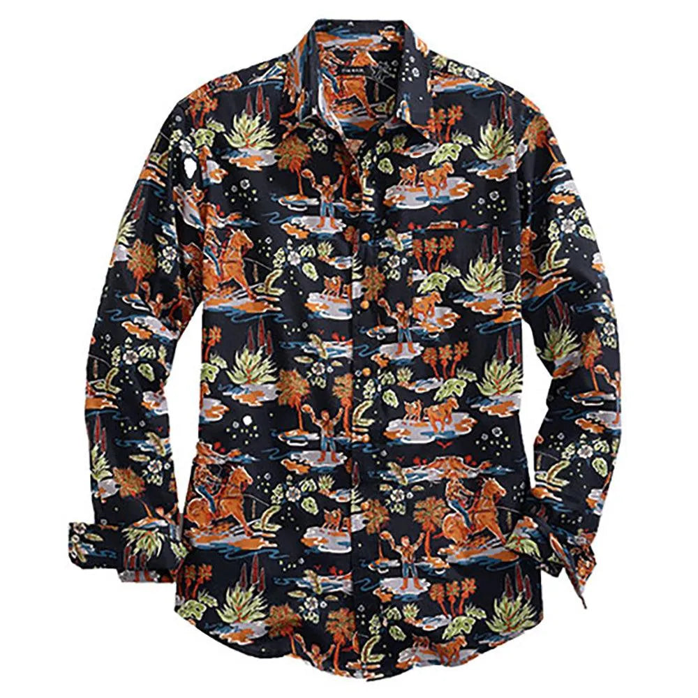 Men's black Hawaiian Rodeo long sleeve western shirt by Tin Haul, featuring traditional rodeo-inspired design and western style.