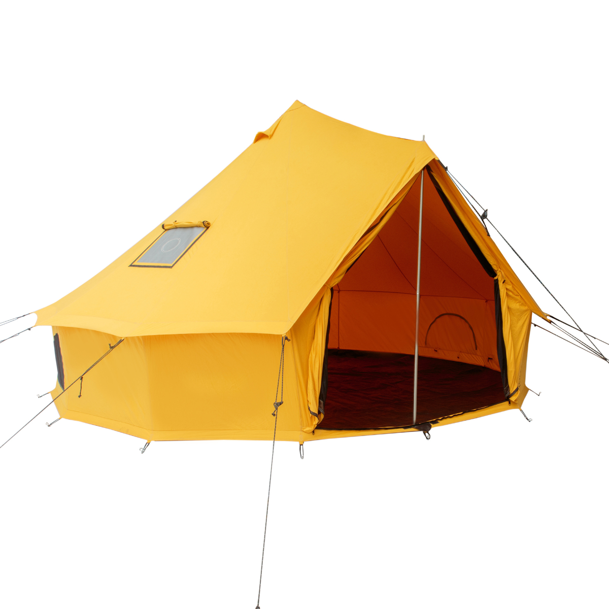 White Duck Outdoors 13-foot Regatta Bell Tent in Tuscan Sun color, front-left view with stove jack visible