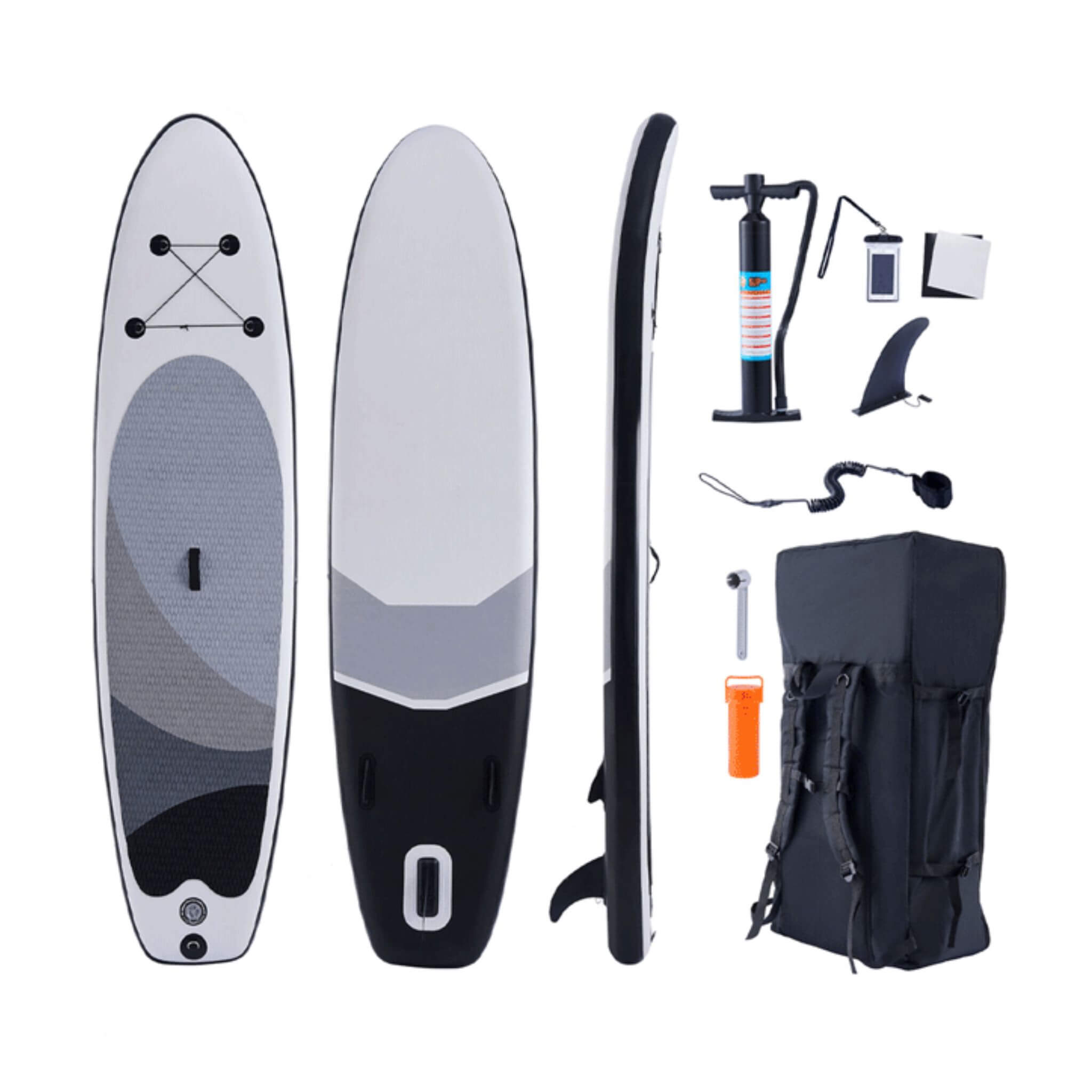 10-foot inflatable SUP paddle board with carrying bag and pump, featuring a sleek design and accessories for easy water paddling.