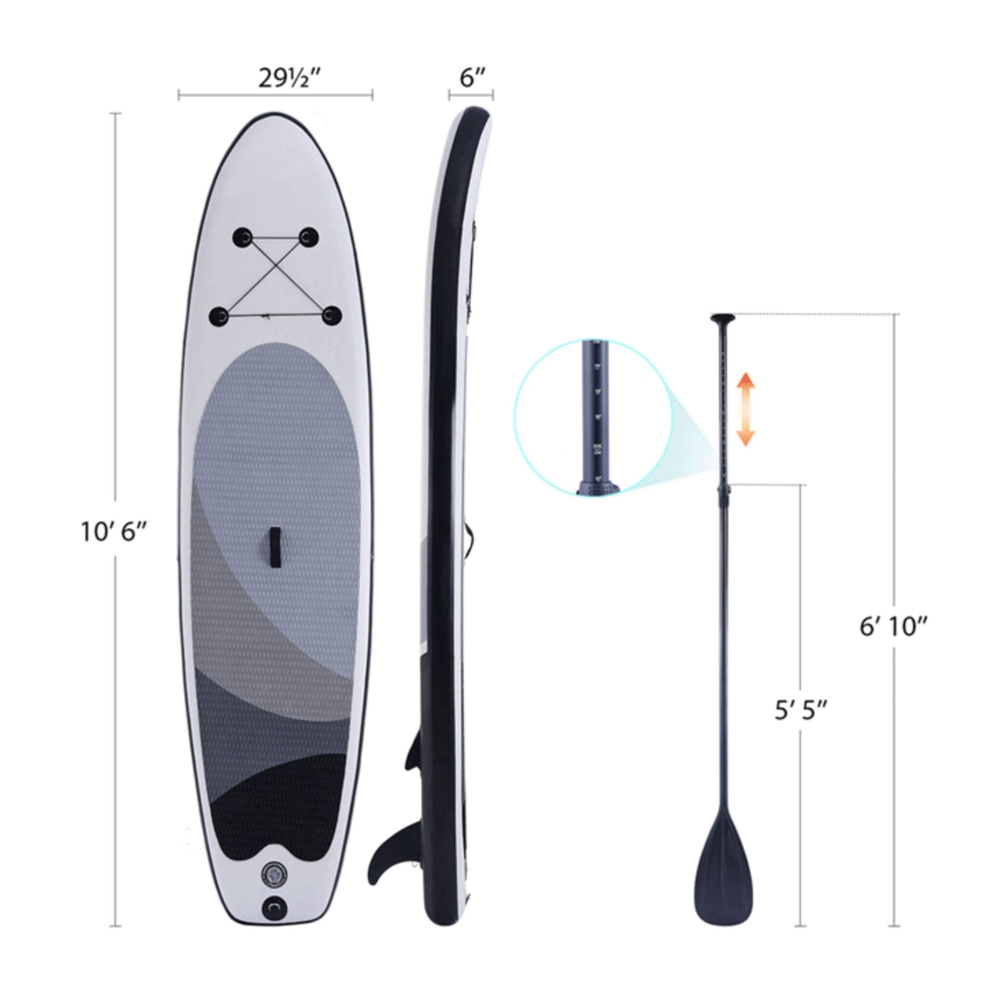 10-foot inflatable SAKSBY WHOLESALE stand-up paddle board with carrying bag and pump, shown from side view on water.