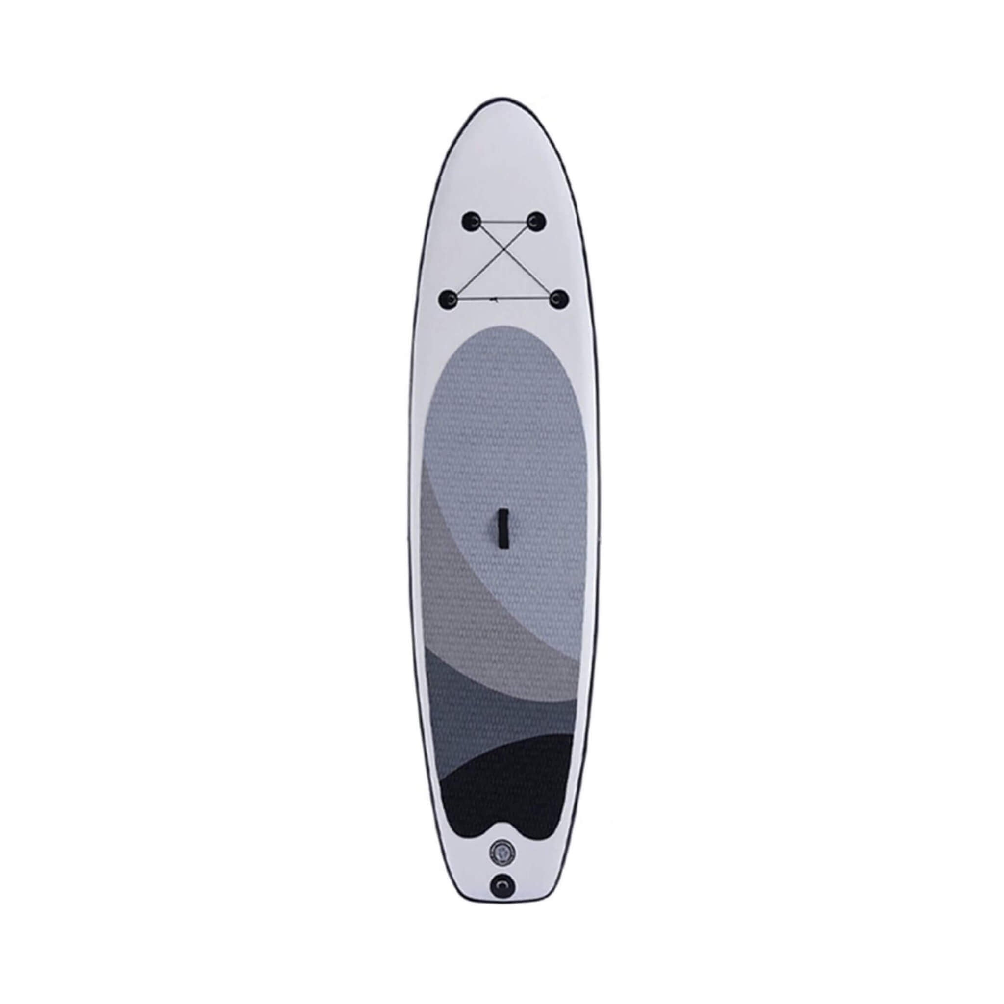 10ft inflatable SUP paddle board from SAKSBY WHOLESALE with carrying bag and pump, shown from the front view.