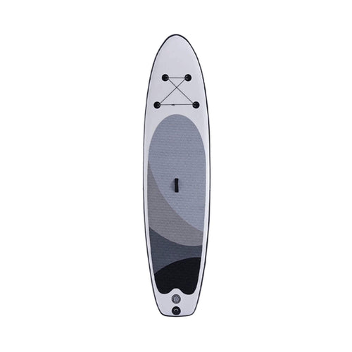 10ft inflatable SUP paddle board from SAKSBY WHOLESALE with carrying bag and pump, shown from the front view.