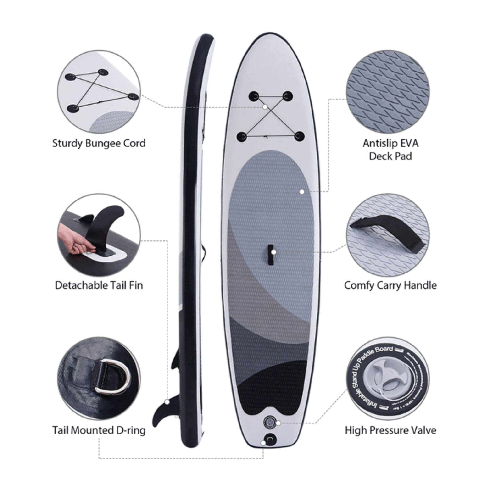 10FT inflatable SUP paddle board by SAKSBY WHOLESALE with carrying bag and pump, shown with paddle and accessories.