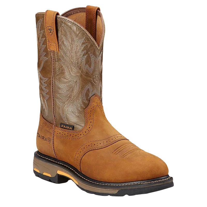 Brown cowboy boot with intricate design on a beige background