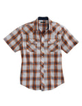 Men's western shirt by HatCountry featuring orange Tin Haul Diamond Dobby short sleeves, Western-style apparel with a vibrant pattern.