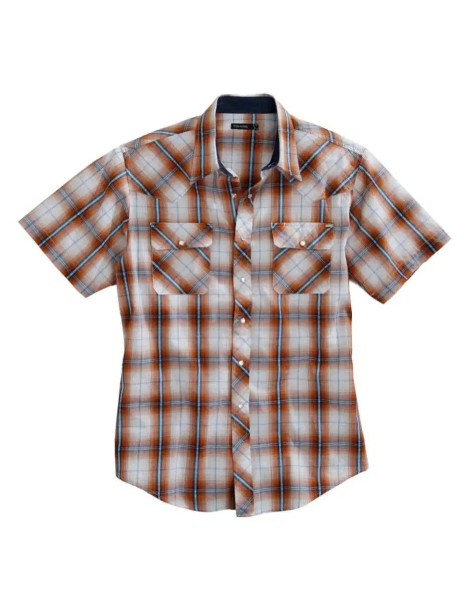 Men's western shirt by HatCountry featuring orange Tin Haul Diamond Dobby short sleeves, Western-style apparel with a vibrant pattern.