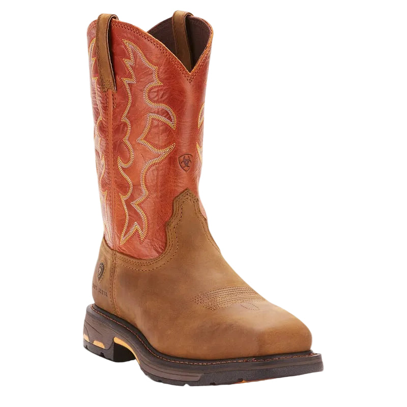 Brown cowboy boot with intricate stitching on a white background