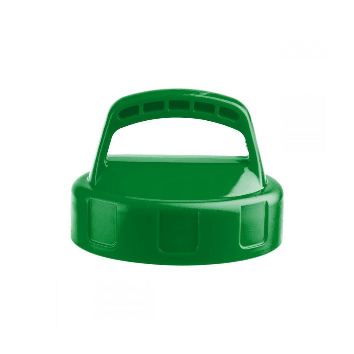 Green color-coded OILSAFE® storage lid for DRIVEN racing transfer containers, designed for secure drum and oil storage.