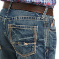 Ariat M4 Gulch men's jeans in dark wash denim, straight-leg fit, featuring classic five-pocket design and sturdy stitching.