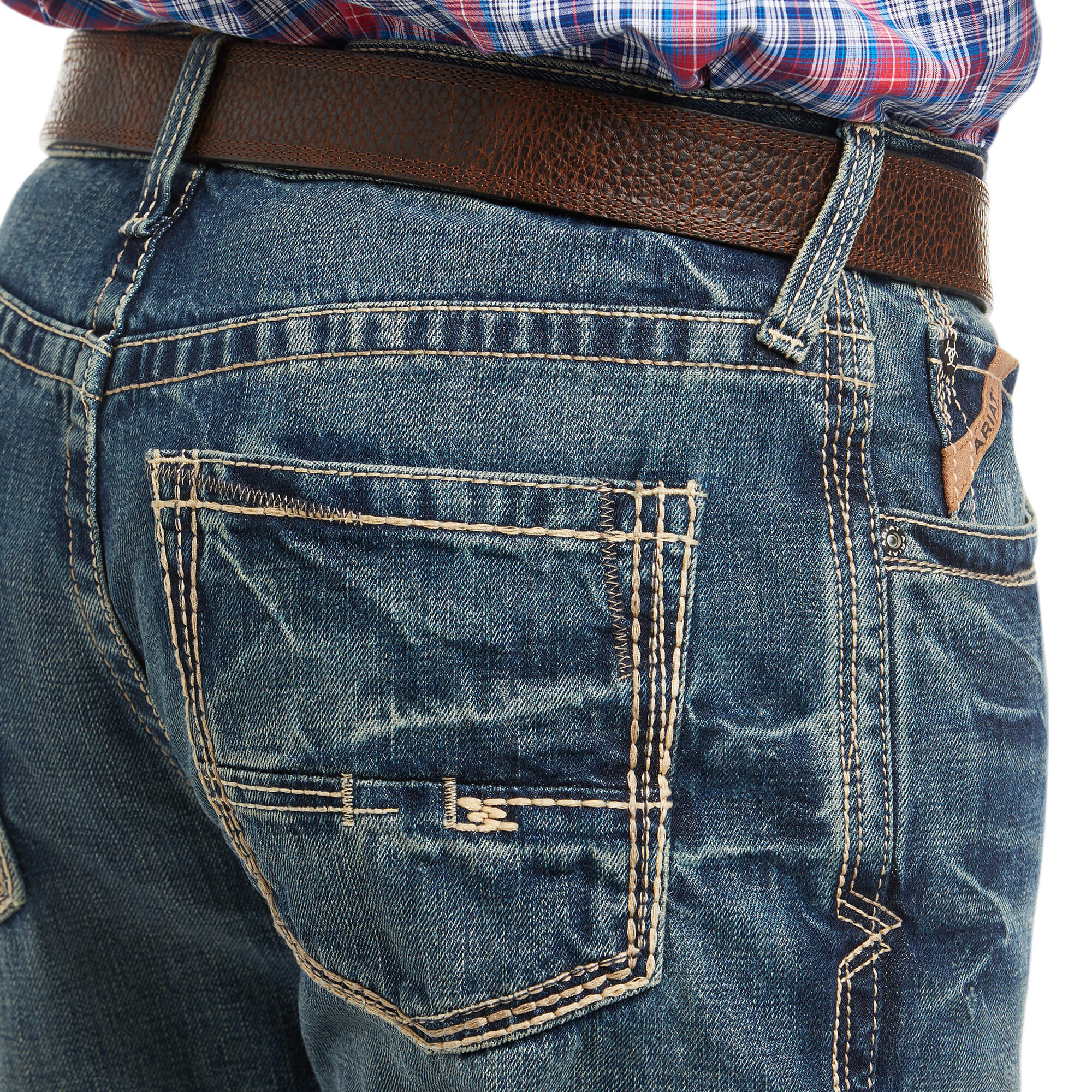 Ariat M4 Gulch men's jeans in dark wash denim, straight-leg fit, featuring classic five-pocket design and sturdy stitching.