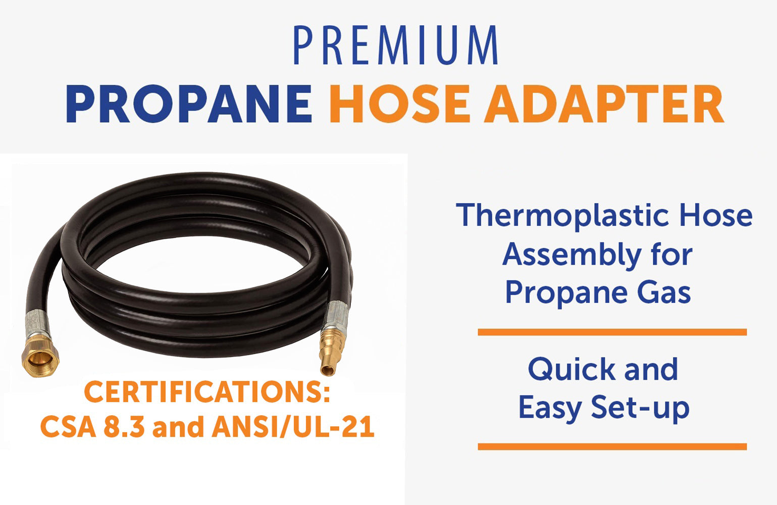 Flame King low pressure quick connect gas flare fitting hose, 72-inch length with 3/8 inch ID, displayed on a white background.