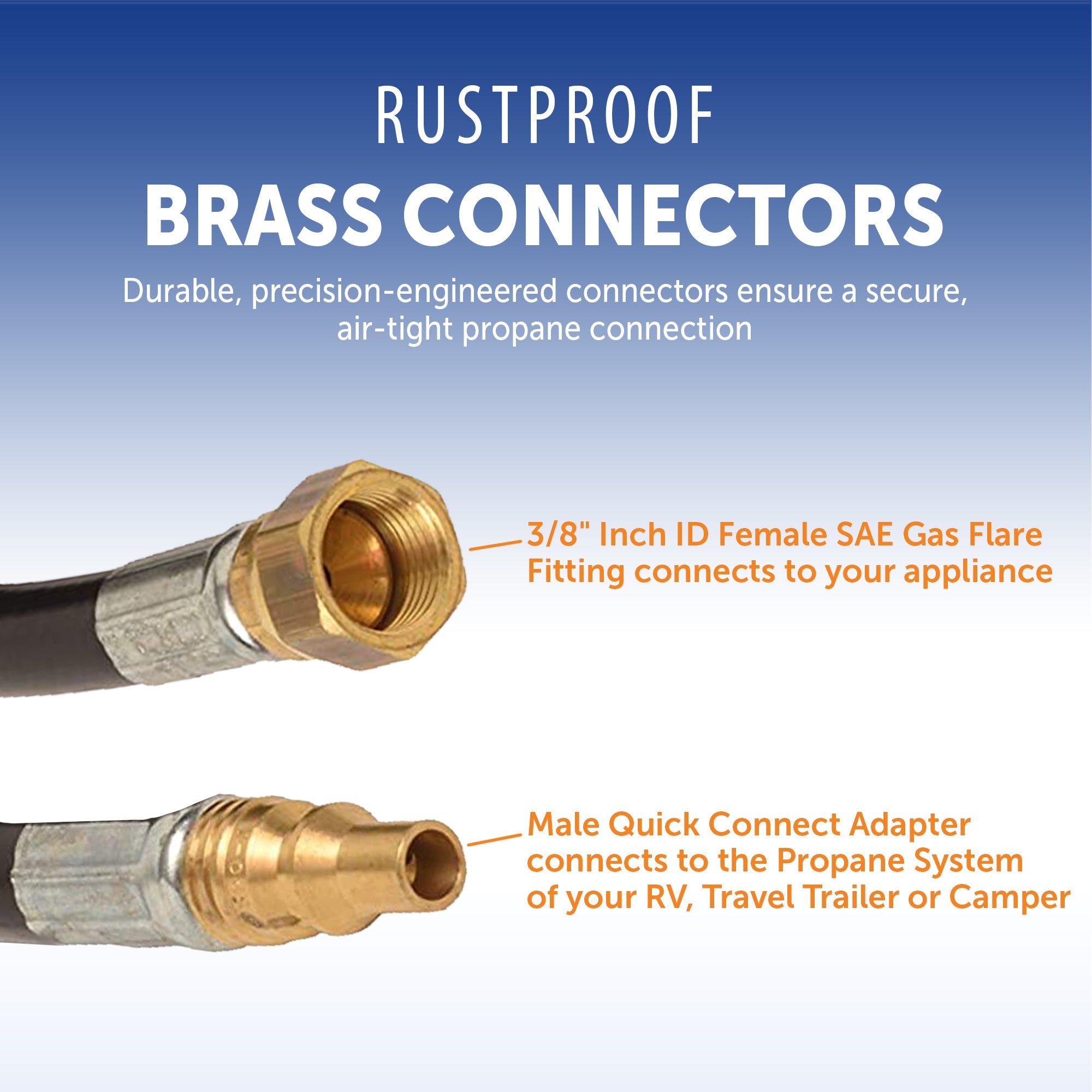 Flame King low pressure gas flare fitting hose, 72 inch length, 3/8 inch ID, designed for RVs and trailers.