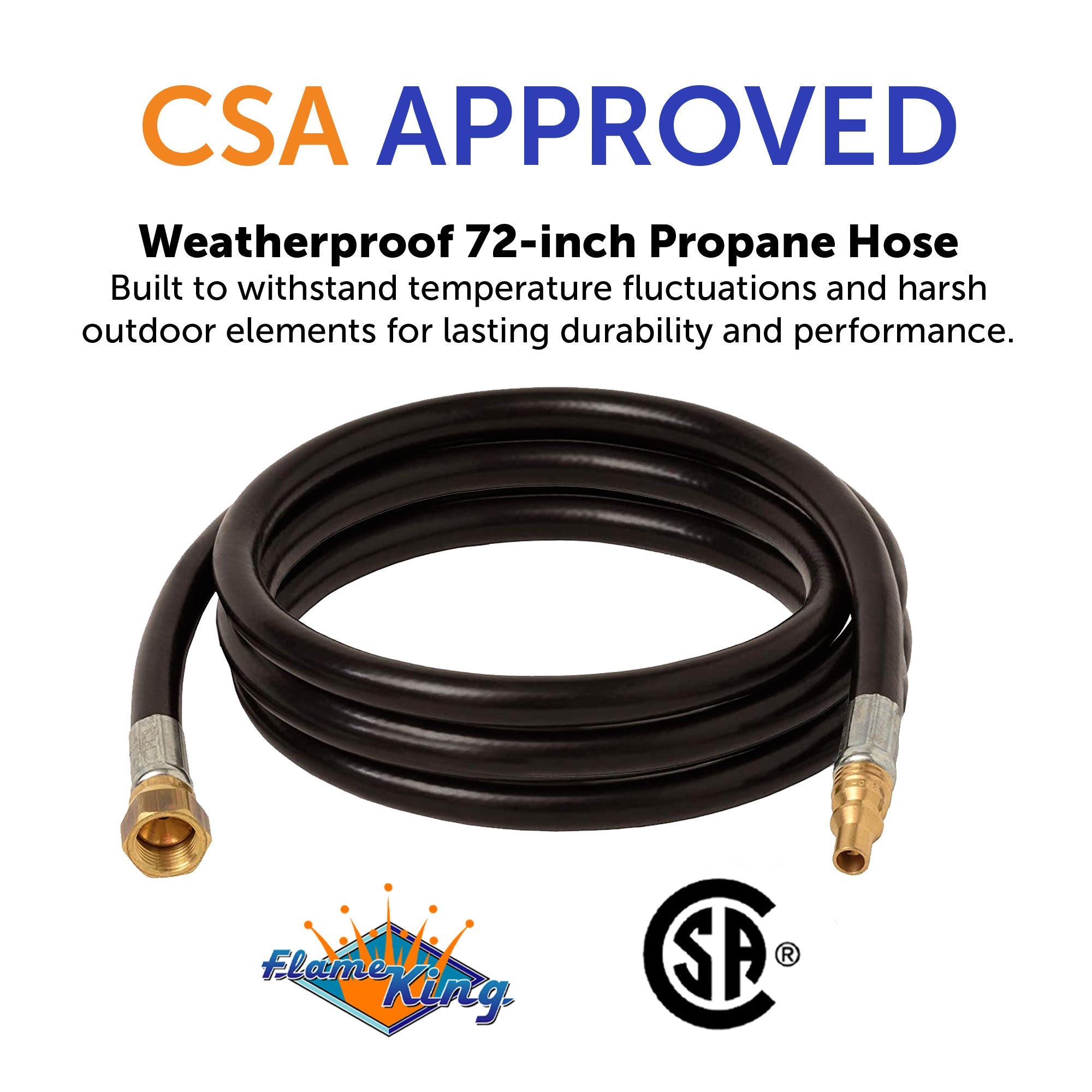 Flame King low pressure gas flare fitting, 72-inch hose with 3/8 inch ID, designed for RV, van, and trailer use.